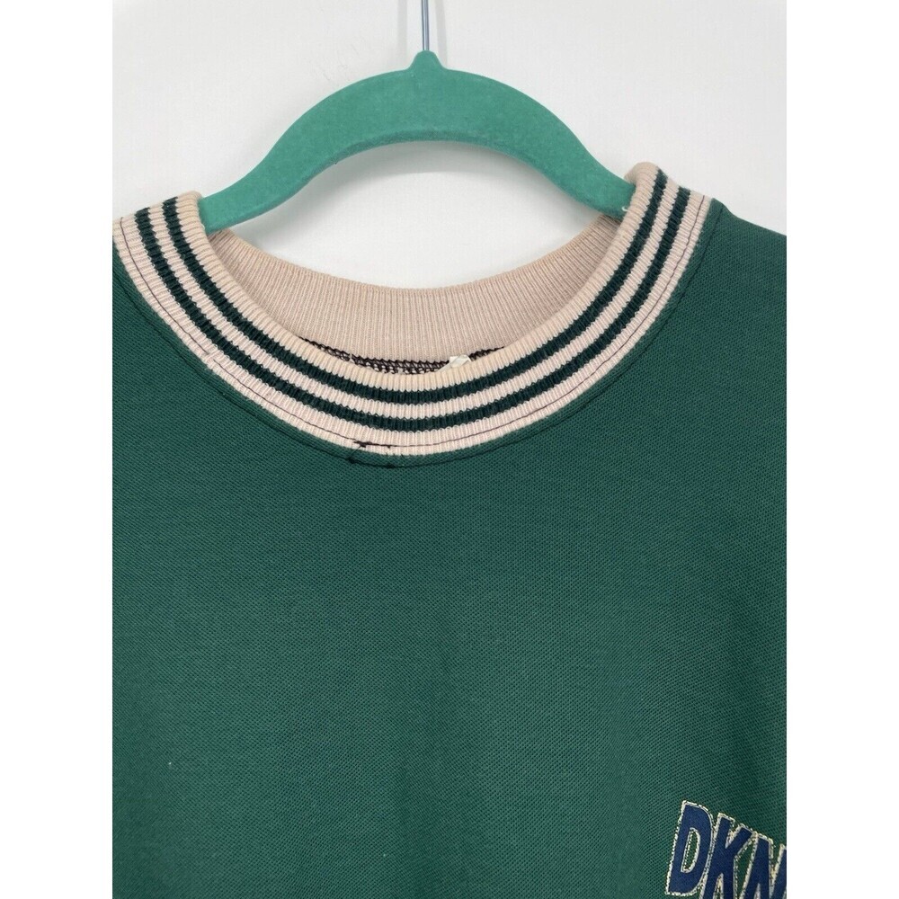 Vintage 90s DKNY Jeans Green Cream Chest Logo Graphic Print Ringer T-Shirt USA - Picture 9 of 10